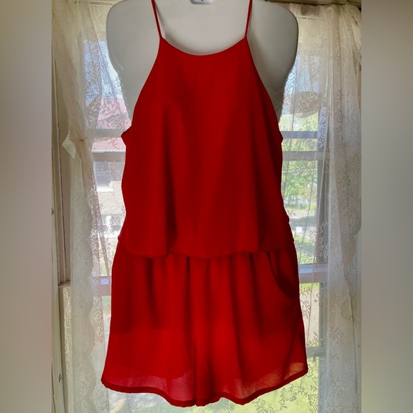 Red Sleeveless Halter Vibrant Romper with pockets Tyche Med Excel Cond! - Picture 1 of 4